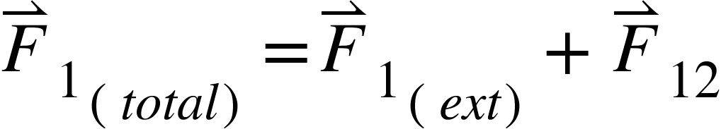 <math xmlns="http://www.w3.org/1998/Math/MathML"><msub><msub><mover><mi>F</mi><mo>&#x21C0;</mo></mover><mn>1</mn></msub><mfenced><mrow><mi>t</mi><mi>o</mi><mi>t</mi><mi>a</mi><mi>l</mi></mrow></mfenced></msub><mo>=</mo><msub><msub><mover><mi>F</mi><mo>&#x21C0;</mo></mover><mn>1</mn></msub><mfenced><mrow><mi>e</mi><mi>x</mi><mi>t</mi></mrow></mfenced></msub><mo>+</mo><msub><mover><mi>F</mi><mo>&#x21C0;</mo></mover><mn>12</mn></msub></math>