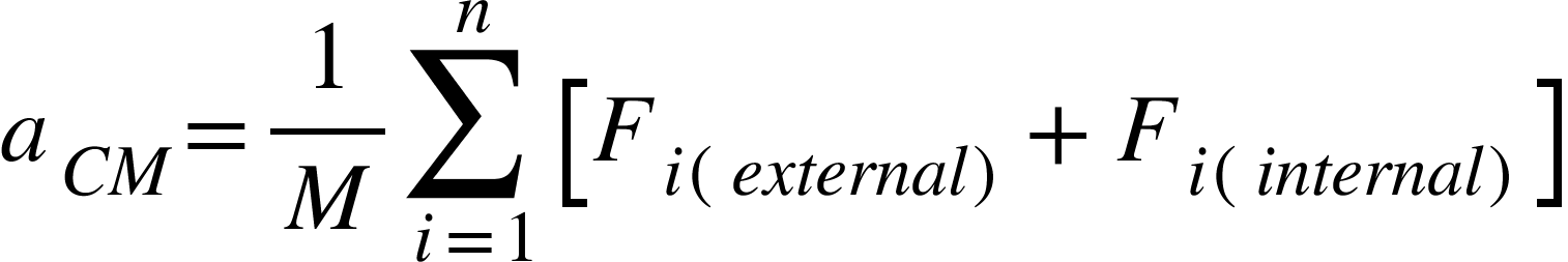 <math xmlns="http://www.w3.org/1998/Math/MathML"><msub><mi>a</mi><mrow><mi>C</mi><mi>M</mi></mrow></msub><mo>=</mo><mfrac><mn>1</mn><mi>M</mi></mfrac><munderover><mo>&#x2211;</mo><mrow><mi>i</mi><mo>=</mo><mn>1</mn></mrow><mi>n</mi></munderover><mfenced open="[" close="]"><mrow><msub><mi>F</mi><mrow><mi>i</mi><mfenced><mrow><mi>e</mi><mi>x</mi><mi>t</mi><mi>e</mi><mi>r</mi><mi>n</mi><mi>a</mi><mi>l</mi></mrow></mfenced></mrow></msub><mo>+</mo><msub><mi>F</mi><mrow><mi>i</mi><mfenced><mrow><mi>i</mi><mi>n</mi><mi>t</mi><mi>e</mi><mi>r</mi><mi>n</mi><mi>a</mi><mi>l</mi></mrow></mfenced></mrow></msub></mrow></mfenced></math>