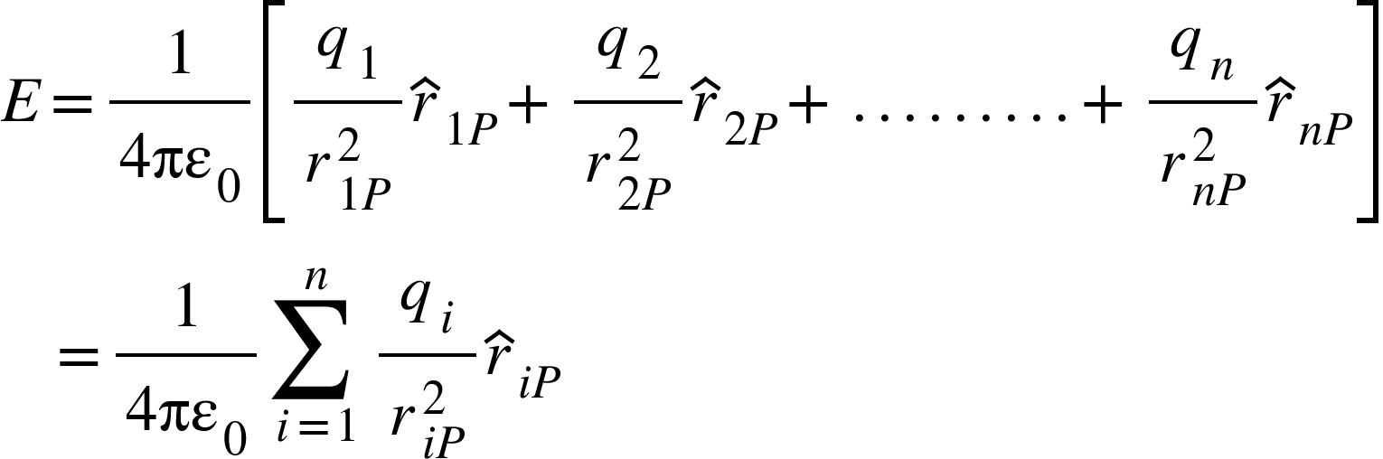 <math xmlns="http://www.w3.org/1998/Math/MathML"><mi>E</mi><mo>=</mo><mfrac><mn>1</mn><mrow><mn>4</mn><msub><mi>&#x3C0;&#x3B5;</mi><mn>0</mn></msub></mrow></mfrac><mfenced open="[" close="]"><mrow><mfrac><msub><mi>q</mi><mn>1</mn></msub><msubsup><mi>r</mi><mrow><mn>1</mn><mi>P</mi></mrow><mn>2</mn></msubsup></mfrac><msub><mover><mi>r</mi><mo>^</mo></mover><mrow><mn>1</mn><mi>P</mi></mrow></msub><mo>+</mo><mfrac><msub><mi>q</mi><mn>2</mn></msub><msubsup><mi>r</mi><mrow><mn>2</mn><mi>P</mi></mrow><mn>2</mn></msubsup></mfrac><msub><mover><mi>r</mi><mo>^</mo></mover><mrow><mn>2</mn><mi>P</mi></mrow></msub><mo>+</mo><mo>.</mo><mo>.</mo><mo>.</mo><mo>.</mo><mo>.</mo><mo>.</mo><mo>.</mo><mo>.</mo><mo>.</mo><mo>+</mo><mfrac><msub><mi>q</mi><mi>n</mi></msub><msubsup><mi>r</mi><mrow><mi>n</mi><mi>P</mi></mrow><mn>2</mn></msubsup></mfrac><msub><mover><mi>r</mi><mo>^</mo></mover><mrow><mi>n</mi><mi>P</mi></mrow></msub></mrow></mfenced><mspace linebreak="newline"/><mo>&#xA0;</mo><mo>&#xA0;</mo><mo>&#xA0;</mo><mo>=</mo><mfrac><mn>1</mn><mrow><mn>4</mn><msub><mi>&#x3C0;&#x3B5;</mi><mn>0</mn></msub></mrow></mfrac><munderover><mo>&#x2211;</mo><mrow><mi>i</mi><mo>=</mo><mn>1</mn></mrow><mi>n</mi></munderover><mfrac><msub><mi>q</mi><mi>i</mi></msub><msubsup><mi>r</mi><mrow><mi>i</mi><mi>P</mi></mrow><mn>2</mn></msubsup></mfrac><msub><mover><mi>r</mi><mo>^</mo></mover><mrow><mi>i</mi><mi>P</mi></mrow></msub></math>