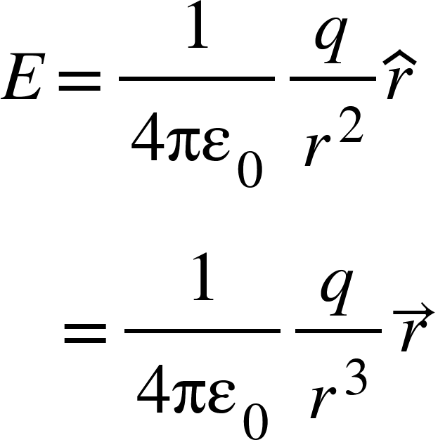 <math xmlns="http://www.w3.org/1998/Math/MathML"><mi>E</mi><mo>=</mo><mfrac><mn>1</mn><mrow><mn>4</mn><msub><mi>&#x3C0;&#x3B5;</mi><mn>0</mn></msub></mrow></mfrac><mfrac><mi>q</mi><msup><mi>r</mi><mn>2</mn></msup></mfrac><mover><mi>r</mi><mo>^</mo></mover><mspace linebreak="newline"/><mo>&#xA0;</mo><mo>&#xA0;</mo><mo>&#xA0;</mo><mo>=</mo><mfrac><mn>1</mn><mrow><mn>4</mn><msub><mi>&#x3C0;&#x3B5;</mi><mn>0</mn></msub></mrow></mfrac><mfrac><mi>q</mi><msup><mi>r</mi><mn>3</mn></msup></mfrac><mover><mi>r</mi><mo>&#x2192;</mo></mover></math>