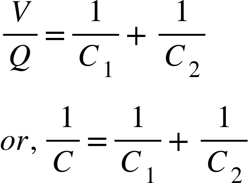 <math xmlns="http://www.w3.org/1998/Math/MathML"><mfrac><mi>V</mi><mi>Q</mi></mfrac><mo>=</mo><mfrac><mstyle displaystyle="true"><mn>1</mn></mstyle><msub><mi>C</mi><mn>1</mn></msub></mfrac><mo>+</mo><mfrac><mstyle displaystyle="true"><mn>1</mn></mstyle><msub><mi>C</mi><mn>2</mn></msub></mfrac><mspace linebreak="newline"/><mi>o</mi><mi>r</mi><mo>,</mo><mfrac><mrow><mo>&#xA0;</mo><mn>1</mn></mrow><mi>C</mi></mfrac><mo>=</mo><mfrac><mstyle displaystyle="true"><mn>1</mn></mstyle><msub><mi>C</mi><mn>1</mn></msub></mfrac><mo>+</mo><mfrac><mstyle displaystyle="true"><mn>1</mn></mstyle><msub><mi>C</mi><mn>2</mn></msub></mfrac></math>