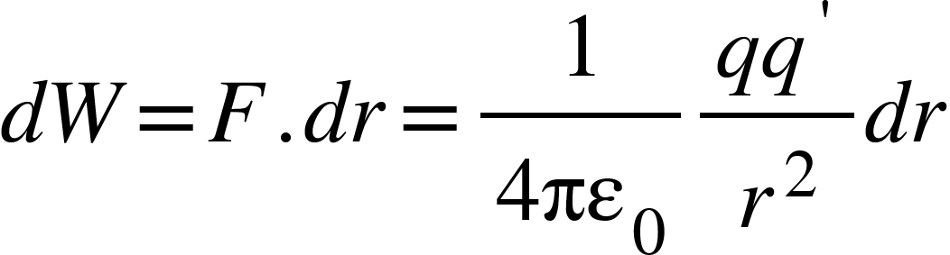 <math xmlns="http://www.w3.org/1998/Math/MathML"><mi>d</mi><mi>W</mi><mo>=</mo><mi>F</mi><mo>.</mo><mi>d</mi><mi>r</mi><mo>=</mo><mfrac><mn>1</mn><mrow><mn>4</mn><msub><mi>&#x3C0;&#x3B5;</mi><mn>0</mn></msub></mrow></mfrac><mfrac><mrow><mi>q</mi><msup><mi>q</mi><mo>'</mo></msup></mrow><msup><mi>r</mi><mn>2</mn></msup></mfrac><mi>d</mi><mi>r</mi></math>