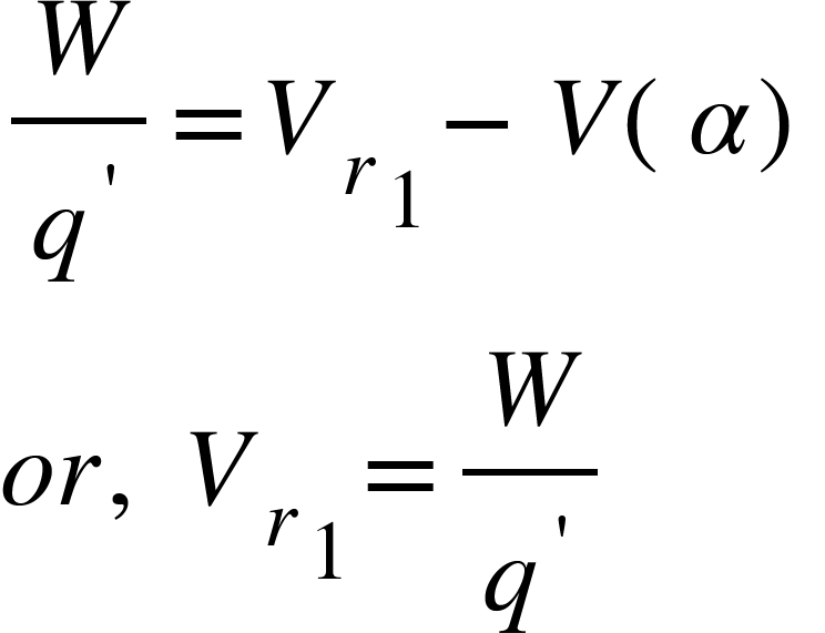 <math xmlns="http://www.w3.org/1998/Math/MathML"><mfrac><mi>W</mi><msup><mi>q</mi><mo>'</mo></msup></mfrac><mo>=</mo><msub><msub><mi>V</mi><mi>r</mi></msub><mn>1</mn></msub><mo>-</mo><mi>V</mi><mfenced><mi>&#x3B1;</mi></mfenced><mspace linebreak="newline"/><mi>o</mi><mi>r</mi><mo>,</mo><mo>&#xA0;</mo><msub><msub><mi>V</mi><mi>r</mi></msub><mn>1</mn></msub><mo>=</mo><mfrac><mi>W</mi><msup><mi>q</mi><mo>'</mo></msup></mfrac></math>