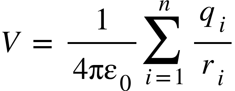 <math xmlns="http://www.w3.org/1998/Math/MathML"><mi>V</mi><mo>&#xA0;</mo><mo>=</mo><mo>&#xA0;</mo><mfrac><mn>1</mn><mrow><mn>4</mn><msub><mi>&#x3C0;&#x3B5;</mi><mn>0</mn></msub></mrow></mfrac><munderover><mo>&#x2211;</mo><mrow><mi>i</mi><mo>=</mo><mn>1</mn></mrow><mi>n</mi></munderover><mfrac><msub><mi>q</mi><mi>i</mi></msub><msub><mi>r</mi><mi>i</mi></msub></mfrac></math>