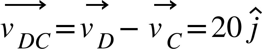 <math xmlns="http://www.w3.org/1998/Math/MathML"><mover><msub><mi>v</mi><mrow><mi>D</mi><mi>C</mi></mrow></msub><mo>&#x2192;</mo></mover><mo>=</mo><mover><msub><mi>v</mi><mi>D</mi></msub><mo>&#x2192;</mo></mover><mo>-</mo><mover><msub><mi>v</mi><mi>C</mi></msub><mo>&#x2192;</mo></mover><mo>=</mo><mn>20</mn><mo>&#xA0;</mo><mover><mi>j</mi><mo>^</mo></mover></math>