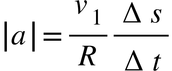 <math xmlns="http://www.w3.org/1998/Math/MathML"><mfenced open="|" close="|"><mi>a</mi></mfenced><mo>=</mo><mfrac><msub><mi>v</mi><mn>1</mn></msub><mi>R</mi></mfrac><mfrac><mrow><mo>&#x2206;</mo><mi>s</mi></mrow><mrow><mo>&#x2206;</mo><mi>t</mi></mrow></mfrac></math>