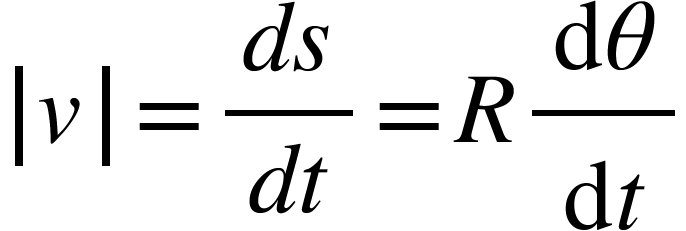 <math xmlns="http://www.w3.org/1998/Math/MathML"><mfenced open="|" close="|"><mi>v</mi></mfenced><mo>=</mo><mfrac><mrow><mi>d</mi><mi>s</mi></mrow><mrow><mi>d</mi><mi>t</mi></mrow></mfrac><mo>=</mo><mi>R</mi><mfrac><mrow><mo>d</mo><mi>&#x3B8;</mi></mrow><mrow><mo>d</mo><mi>t</mi></mrow></mfrac></math>