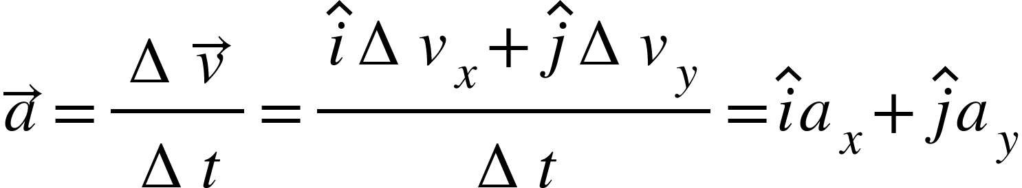 <math xmlns="http://www.w3.org/1998/Math/MathML"><mover><mi>a</mi><mo>&#x2192;</mo></mover><mo>=</mo><mfrac><mrow><mo>&#x2206;</mo><mover><mi>v</mi><mo>&#x2192;</mo></mover></mrow><mrow><mo>&#x2206;</mo><mi>t</mi></mrow></mfrac><mo>=</mo><mfrac><mrow><mover><mi>i</mi><mo>^</mo></mover><mo>&#x2206;</mo><msub><mi>v</mi><mi>x</mi></msub><mo>+</mo><mover><mi>j</mi><mo>^</mo></mover><mo>&#x2206;</mo><msub><mi>v</mi><mi>y</mi></msub></mrow><mrow><mo>&#x2206;</mo><mi>t</mi></mrow></mfrac><mo>=</mo><mover><mi>i</mi><mo>^</mo></mover><msub><mi>a</mi><mi>x</mi></msub><mo>+</mo><mover><mi>j</mi><mo>^</mo></mover><msub><mi>a</mi><mi>y</mi></msub></math>