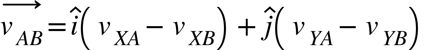 <math xmlns="http://www.w3.org/1998/Math/MathML"><mover><msub><mi>v</mi><mrow><mi>A</mi><mi>B</mi></mrow></msub><mo>&#x2192;</mo></mover><mo>=</mo><mover><mi>i</mi><mo>^</mo></mover><mfenced><mrow><msub><mi>v</mi><mrow><mi>X</mi><mi>A</mi></mrow></msub><mo>-</mo><msub><mi>v</mi><mrow><mi>X</mi><mi>B</mi></mrow></msub></mrow></mfenced><mo>+</mo><mover><mi>j</mi><mo>^</mo></mover><mfenced><mrow><msub><mi>v</mi><mrow><mi>Y</mi><mi>A</mi></mrow></msub><mo>-</mo><msub><mi>v</mi><mrow><mi>Y</mi><mi>B</mi></mrow></msub></mrow></mfenced></math>