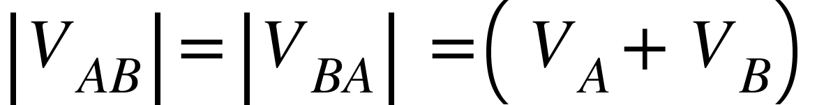 <math xmlns="http://www.w3.org/1998/Math/MathML"><mfenced open="|" close="|"><msub><mi>V</mi><mrow><mi>A</mi><mi>B</mi></mrow></msub></mfenced><mo>=</mo><mfenced open="|" close="|"><msub><mi>V</mi><mrow><mi>B</mi><mi>A</mi></mrow></msub></mfenced><mo>&#xA0;</mo><mo>=</mo><mfenced><mrow><msub><mi>V</mi><mi>A</mi></msub><mo>+</mo><msub><mi>V</mi><mi>B</mi></msub></mrow></mfenced></math>